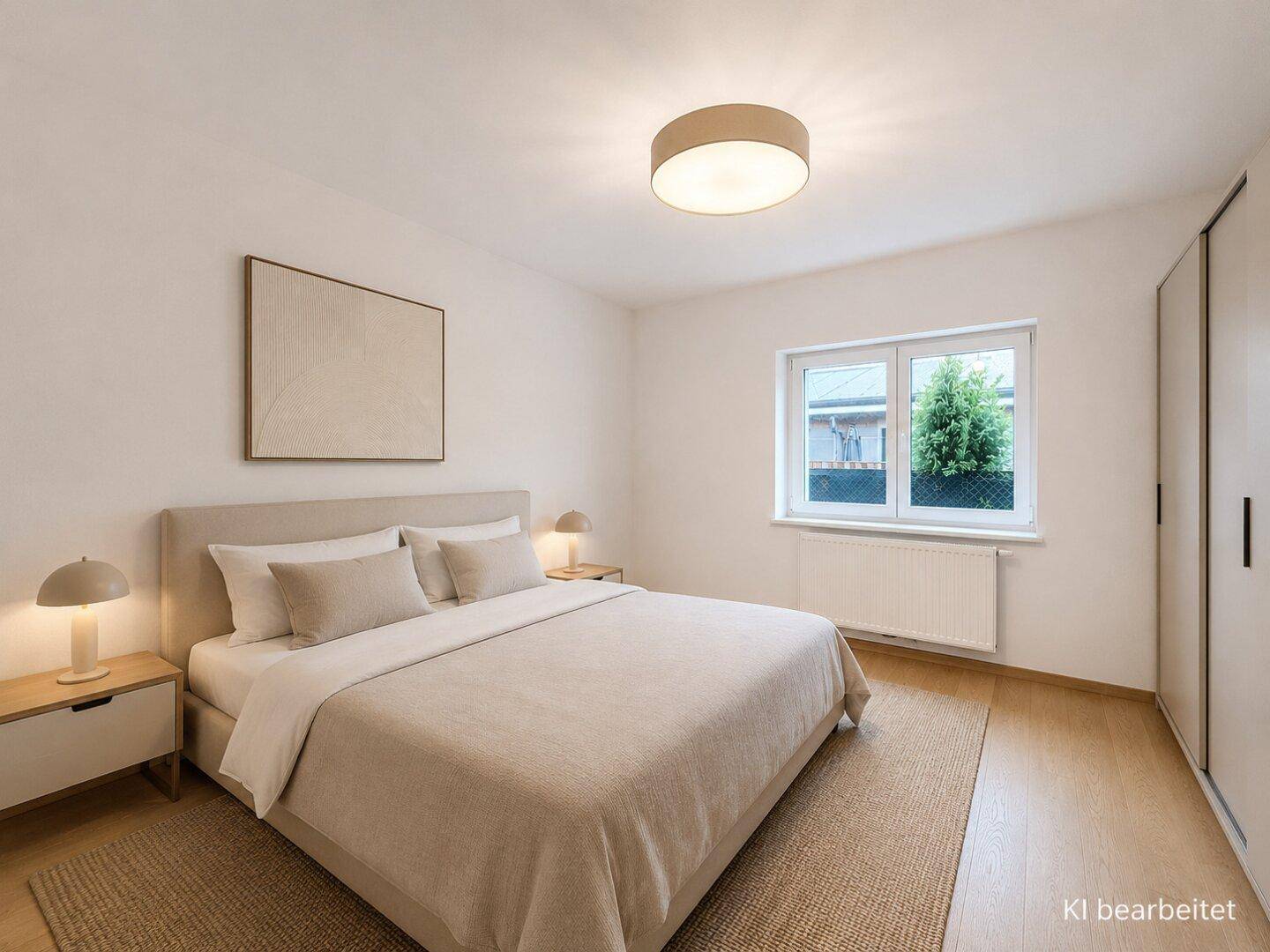 Gemütliches Schlafzimmer mit Doppelbett, Holzboden und einem Fenster, das viel Tageslicht hereinlässt.