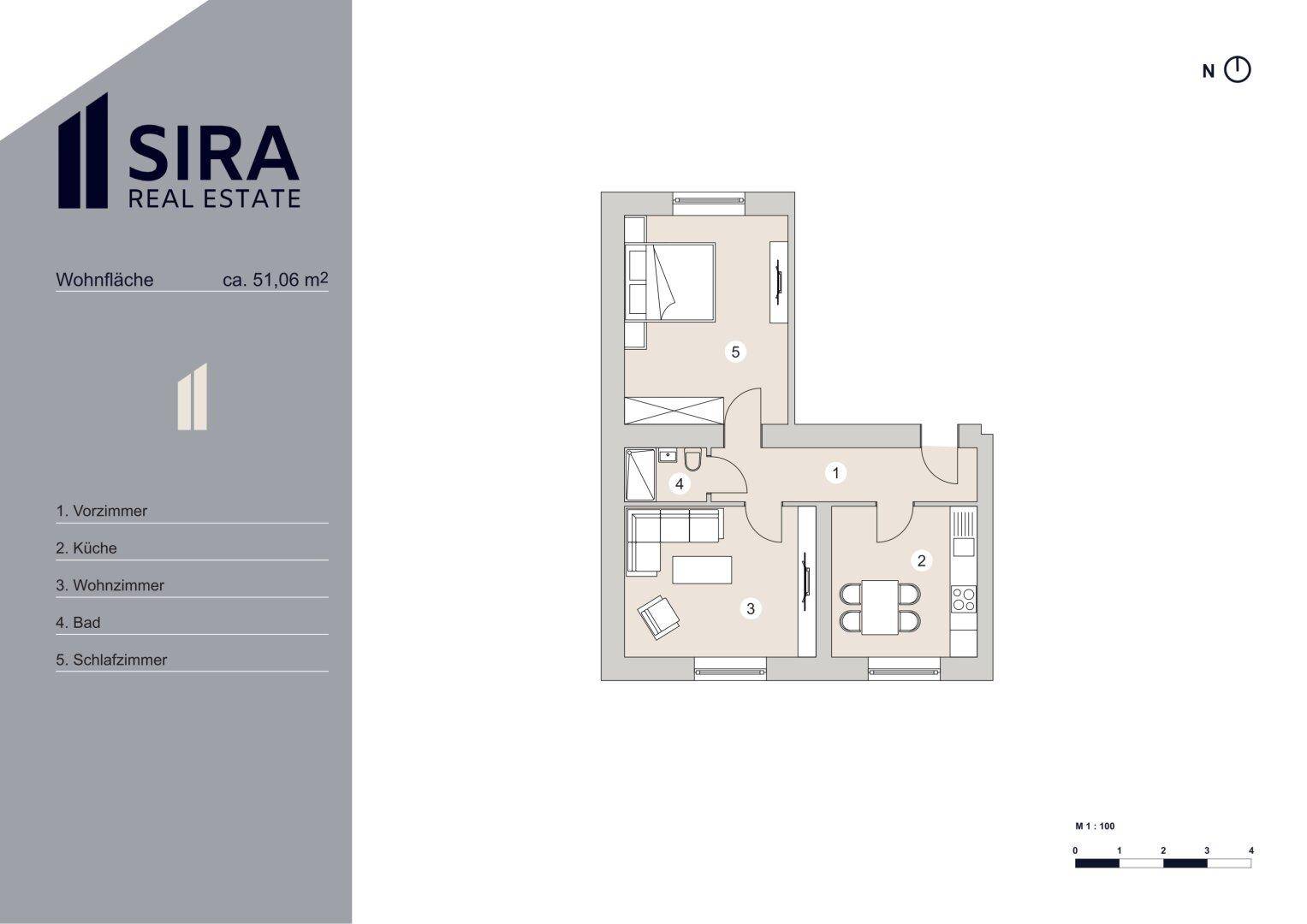 Übersichtlicher Grundriss einer Wohnung mit ca. 51,06 m² Wohnfläche und fünf Zimmern.
