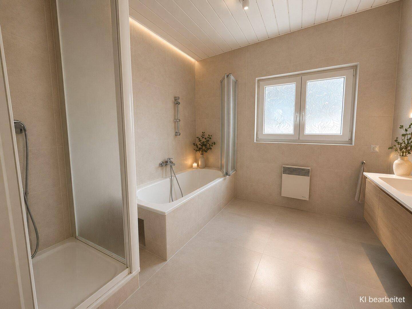 Modernes Badezimmer mit beigefarbenen Fliesen, Badewanne, Dusche und Fenster.