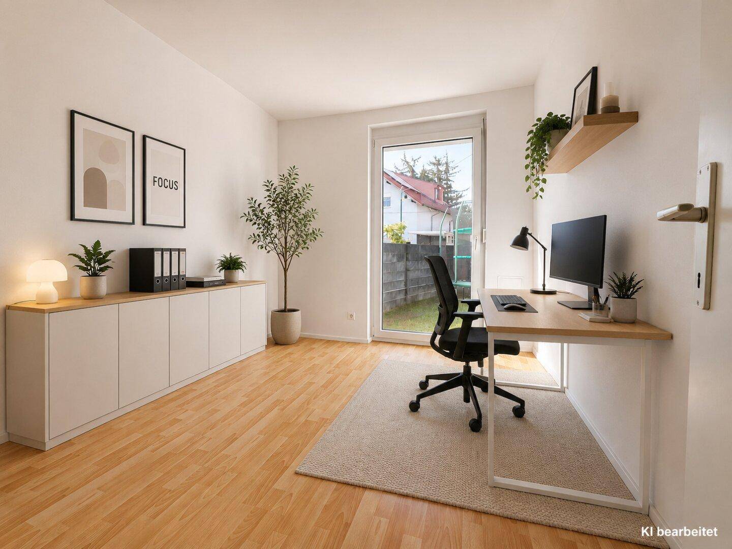 Helles Arbeitszimmer mit Holzboden, modernem Schreibtisch und Zugang zum Außenbereich.