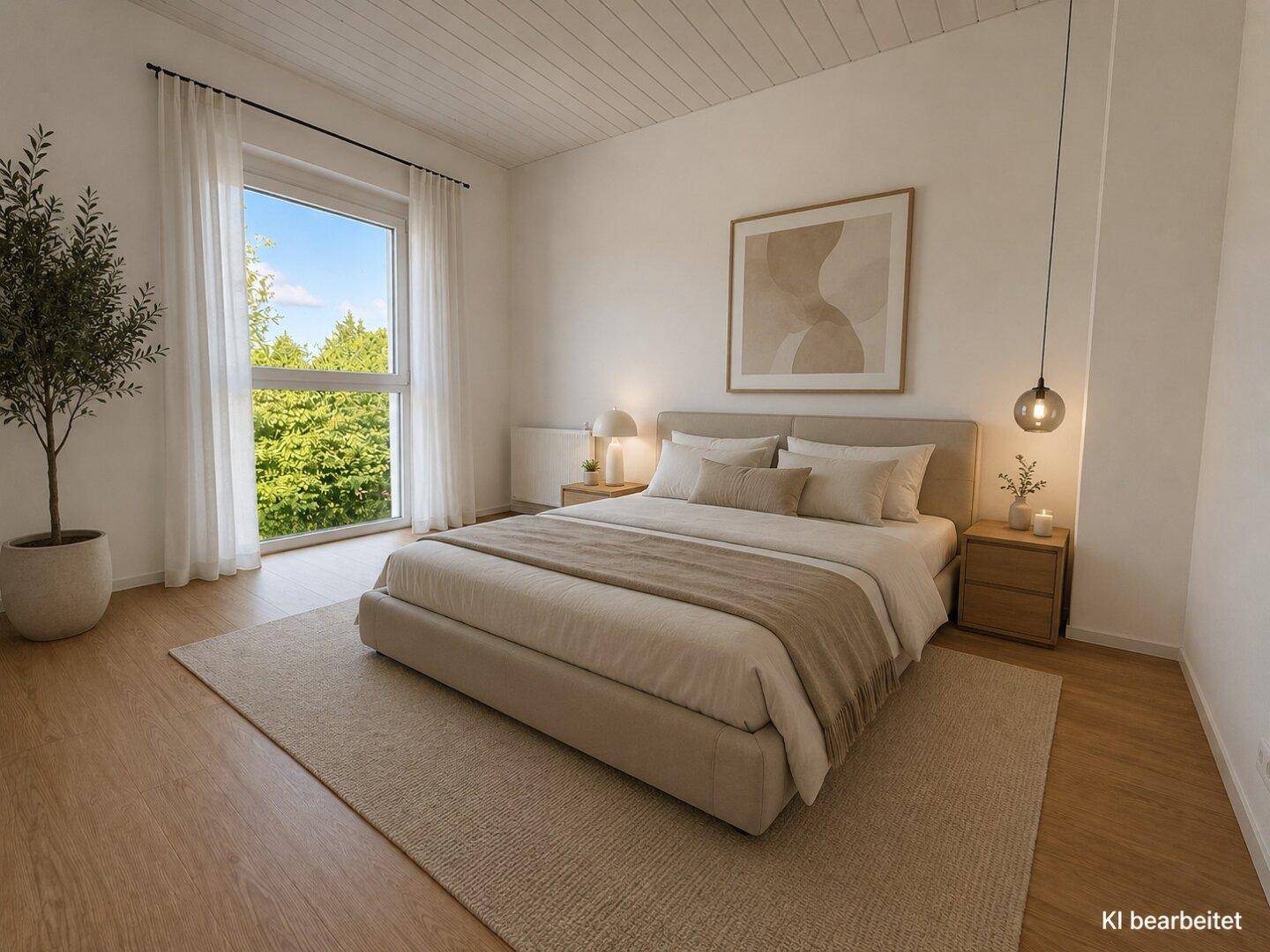 Gemütliches Schlafzimmer mit Holzboden, großem Fenster und Blick ins Grüne.