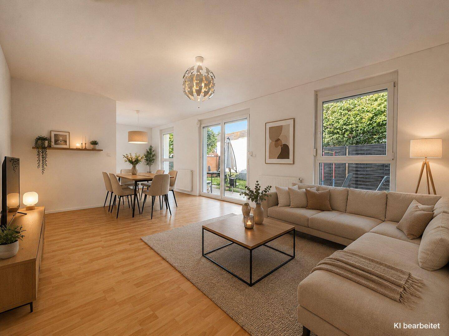 Helles Wohn- und Esszimmer mit Holzboden, großen Fenstern und Zugang zum Garten.