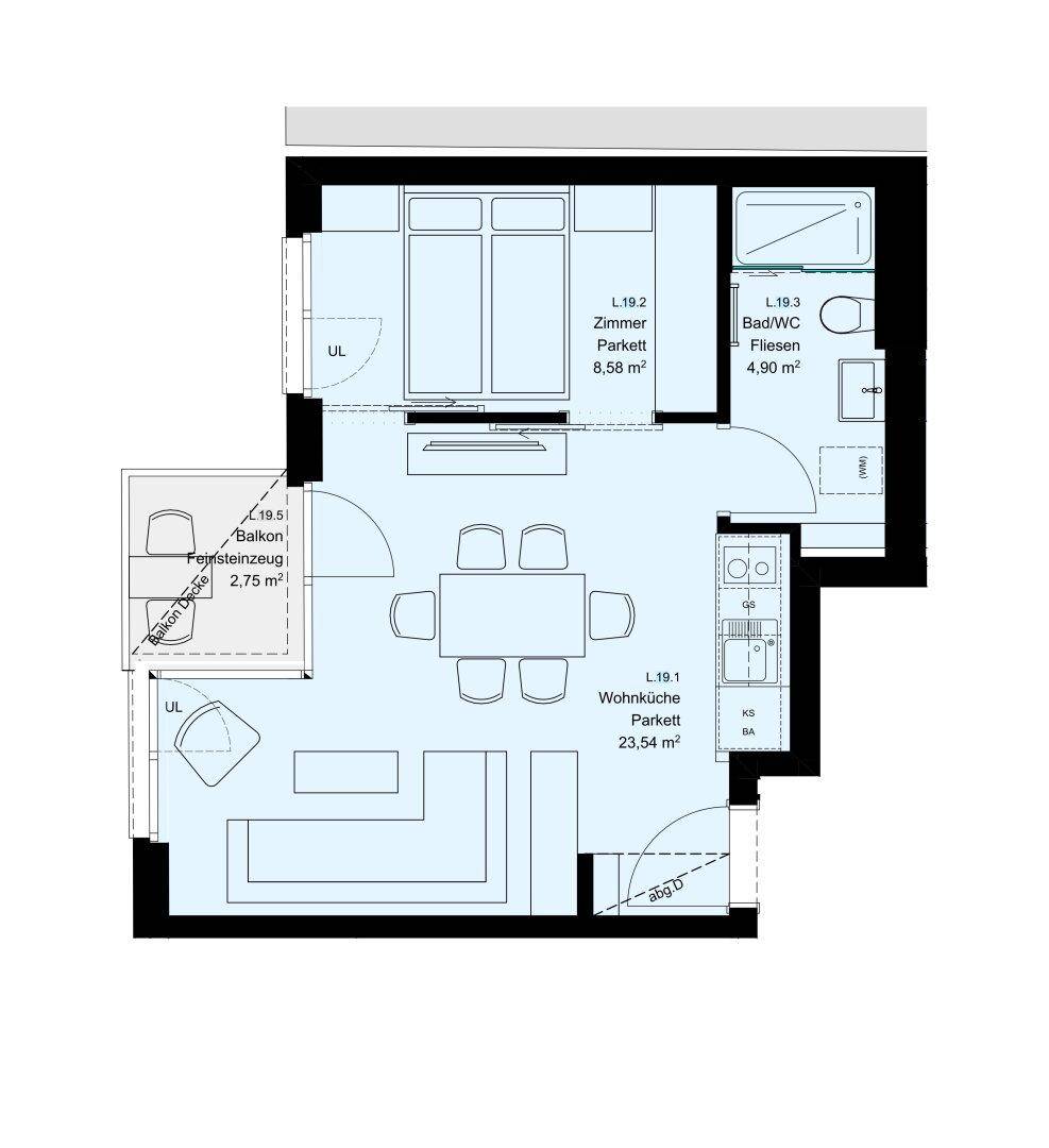 Grundriss einer Wohnung mit Wohnküche, Schlafzimmer, Bad und Balkon.