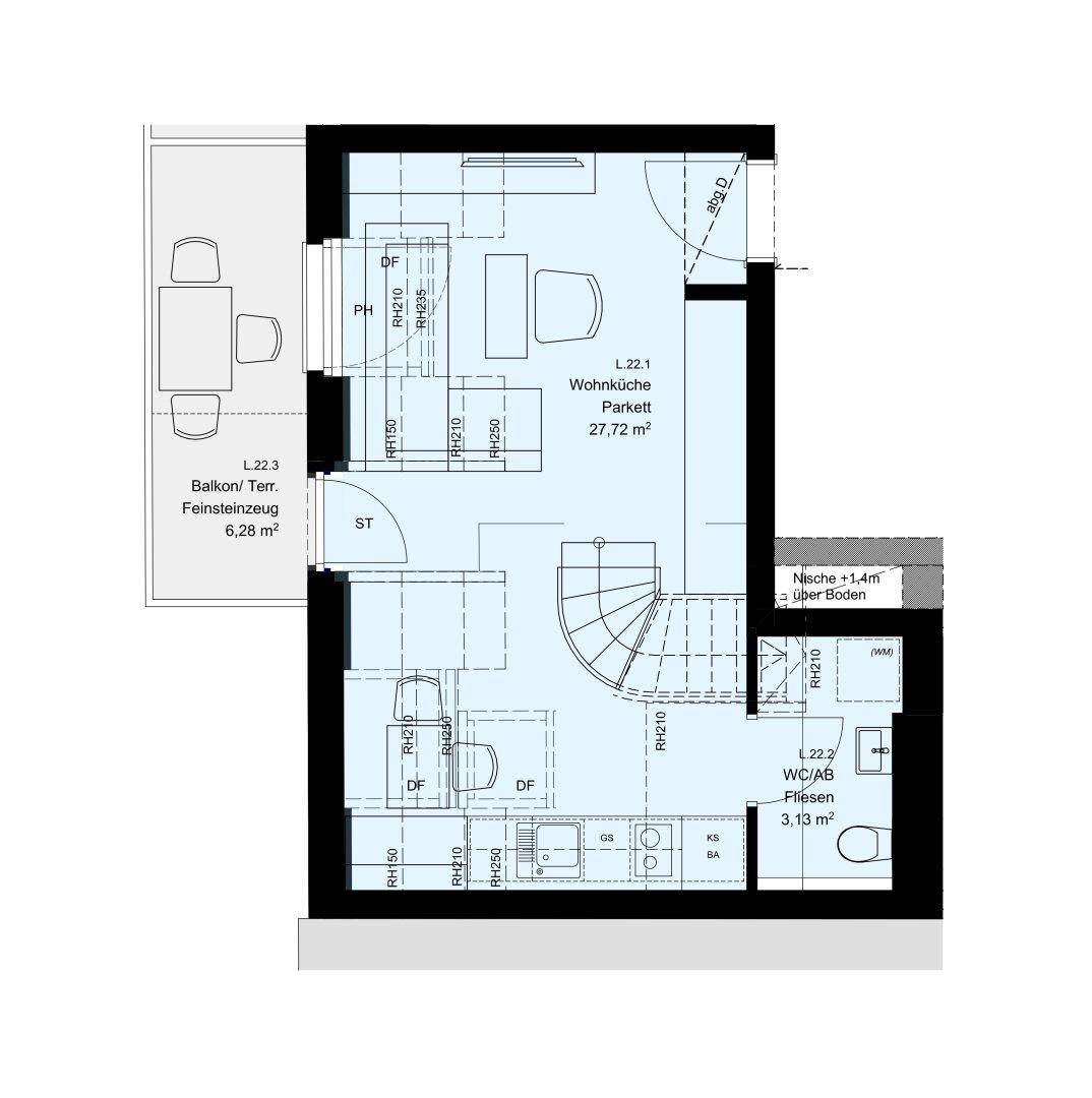 Grundriss des unteren Geschosses mit Wohnküche, Balkon und WC/Abstellraum.