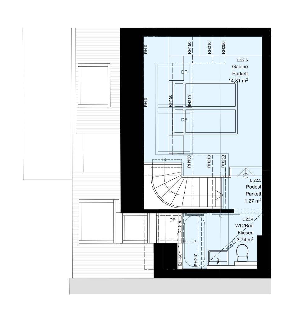 Grundriss des oberen Geschosses mit Galerie, Podest und Badezimmer.