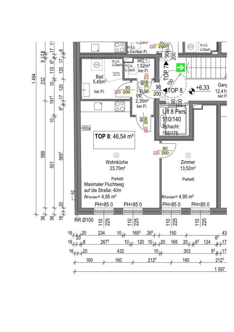 Detaillierter Grundriss einer Wohnung mit Wohnküche, Zimmer, Bad und separatem WC.