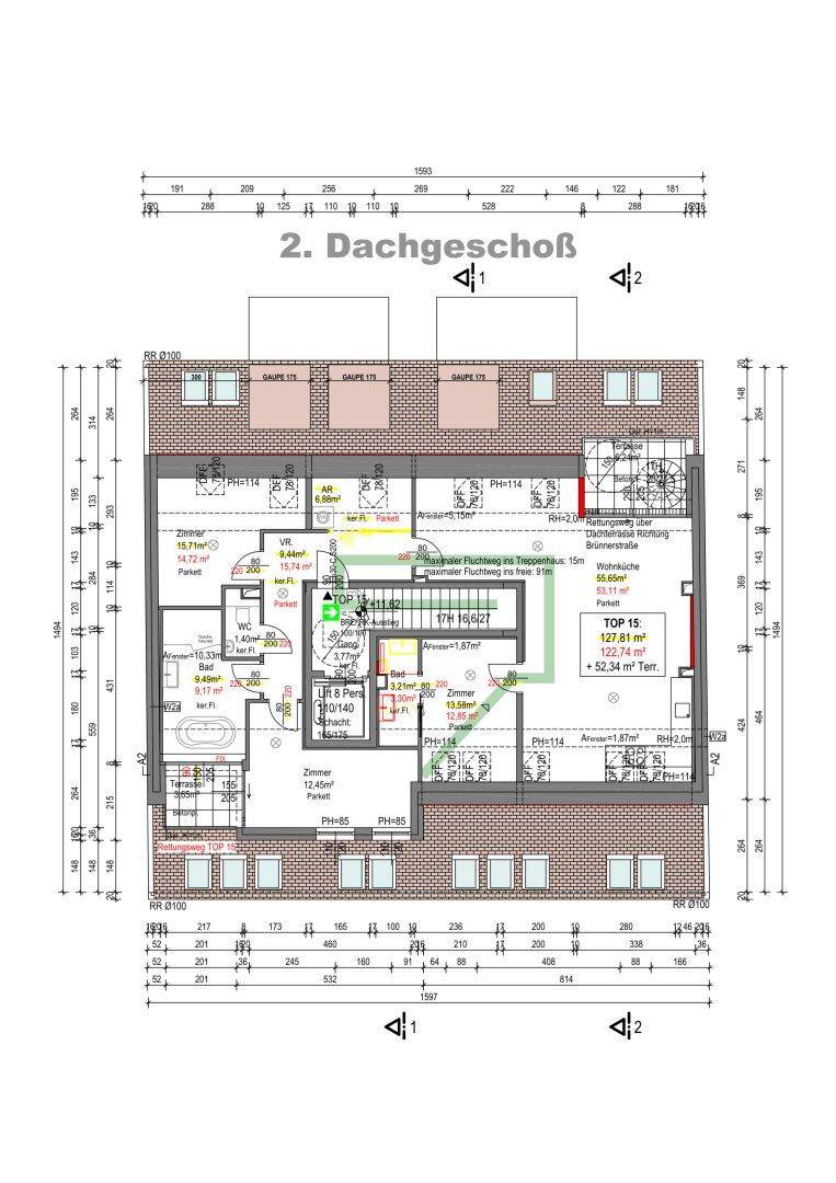 Grundriss des 2. Dachgeschosses mit Raumaufteilung und Flächenangaben.