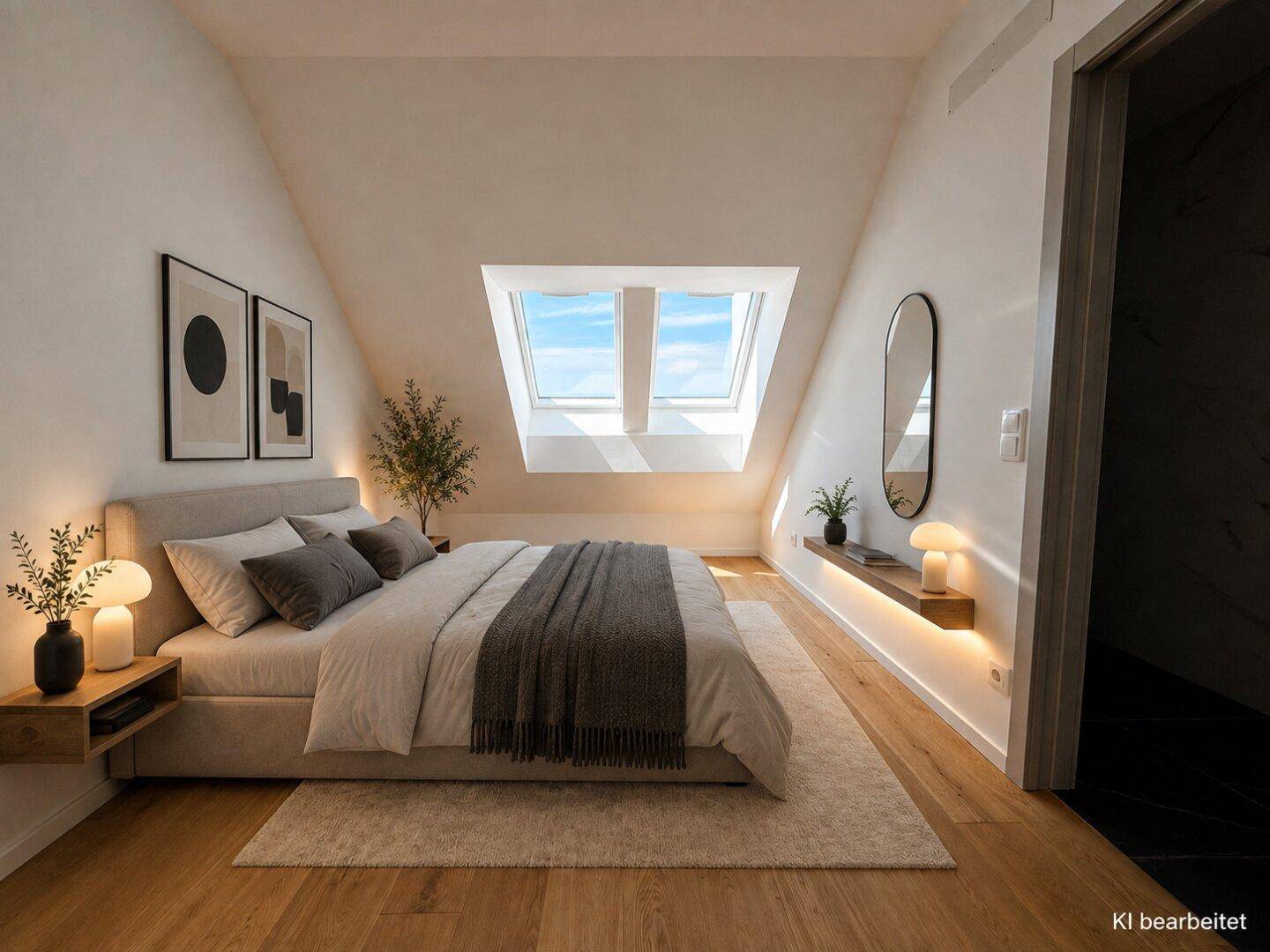 Modern eingerichtetes Schlafzimmer mit Holzboden, Dachschrägen und hellen Dachfenstern.