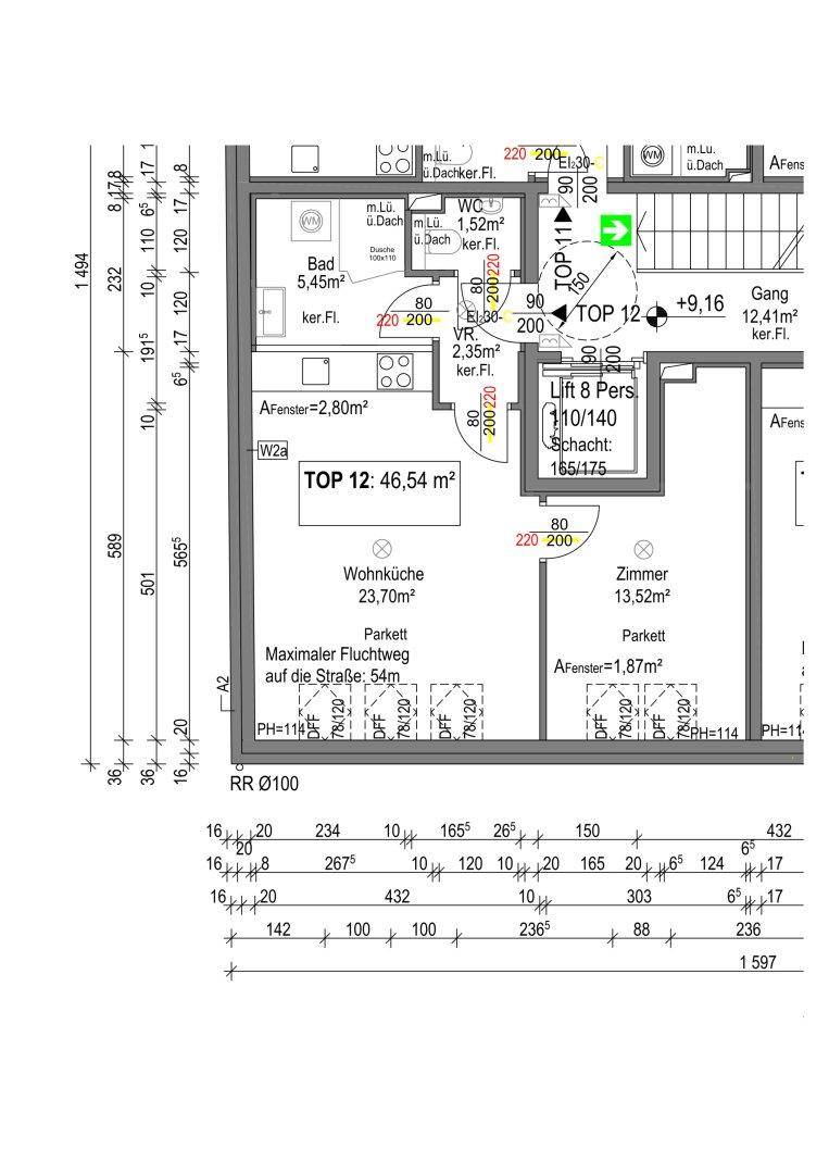Grundriss einer Wohnung mit offener Wohnküche, Bad, WC und Aufzugzugang.