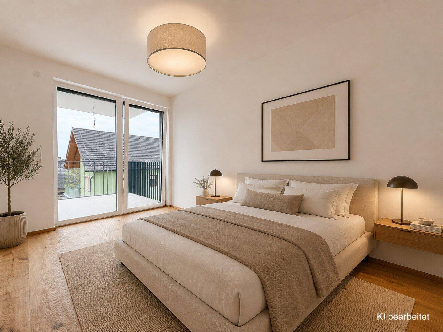 Modern eingerichtetes Schlafzimmer mit Holzboden und direktem Zugang zu einem sonnigen Balkon.
