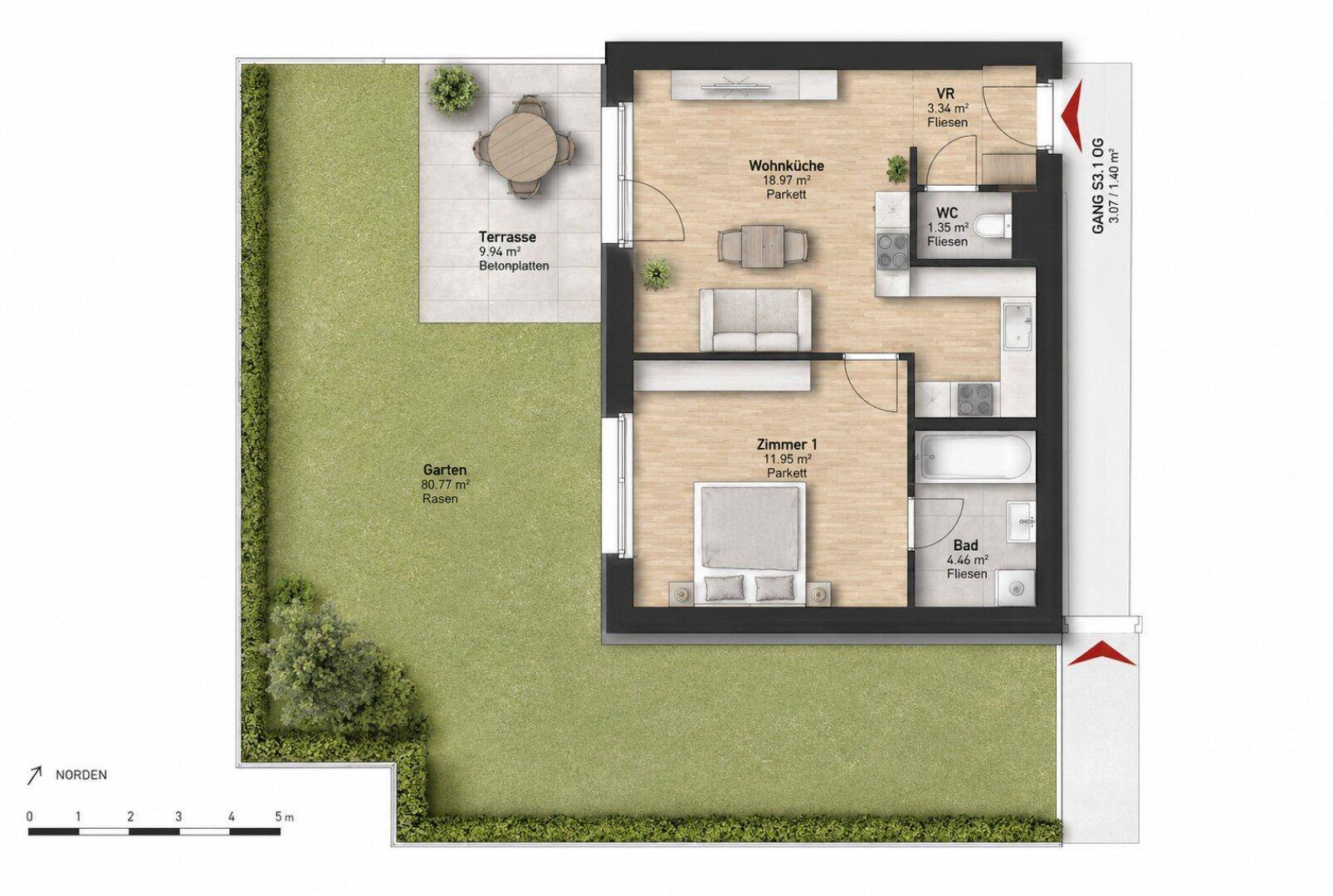Detaillierter Grundriss einer Wohnung mit Wohnküche, Schlafzimmer, Bad, Terrasse und Garten.