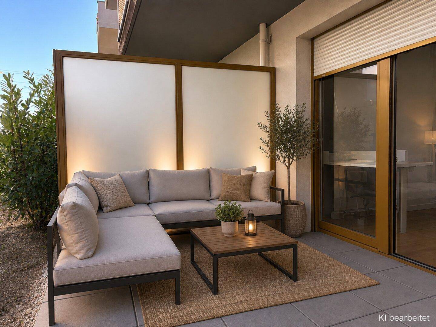 Gemütliche Terrasse mit Lounge-Möbeln, Pflanzen und beleuchteten Sichtschutzelementen für Privatsphäre.