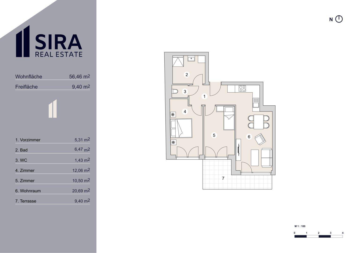 Grundriss einer Wohnung mit Wohnfläche von 56,46 m² und einer großzügigen Terrasse.