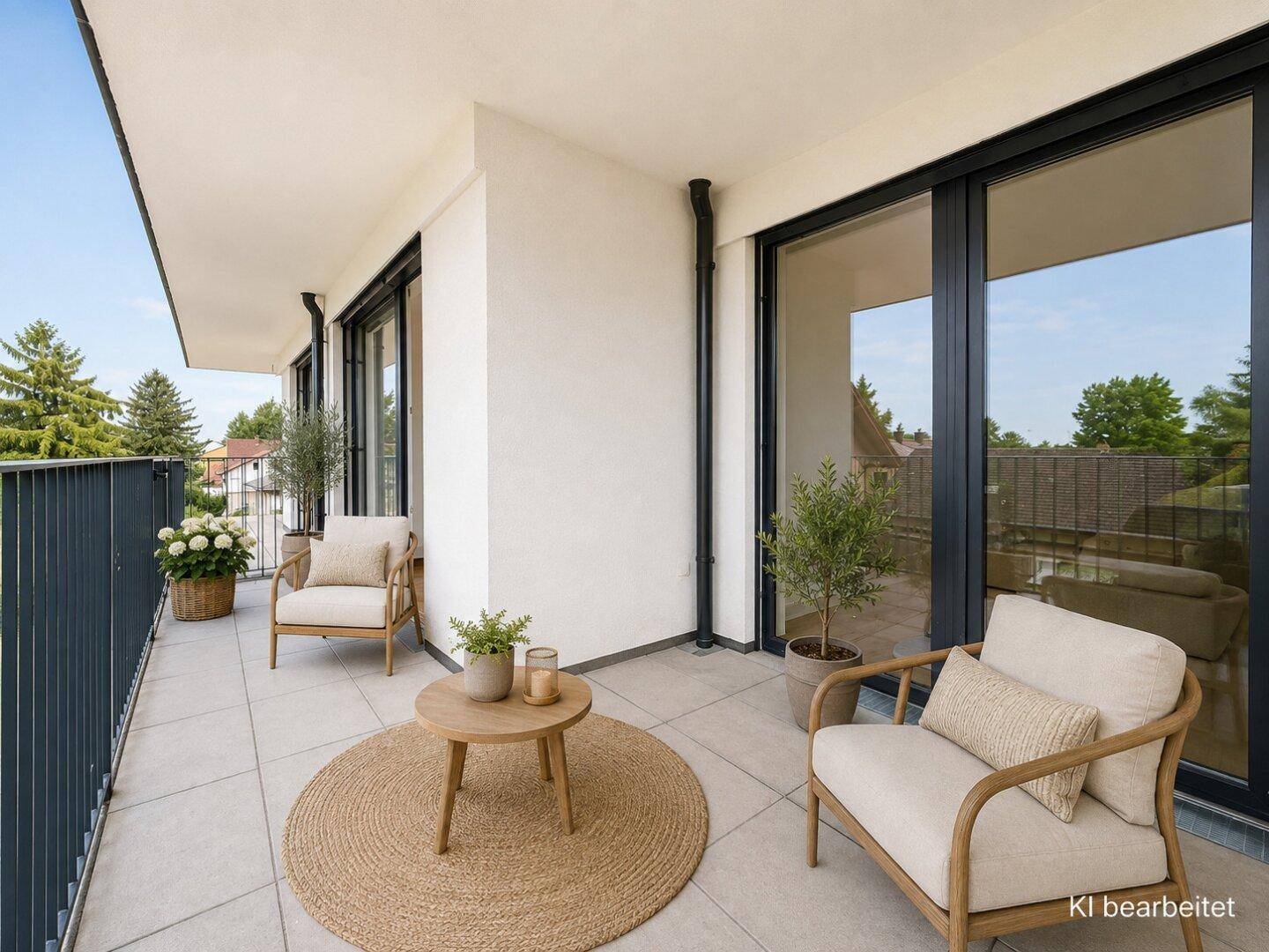 Geräumiger Balkon mit modernen Outdoor-Möbeln und Blick ins Grüne, ideal zum Entspannen.