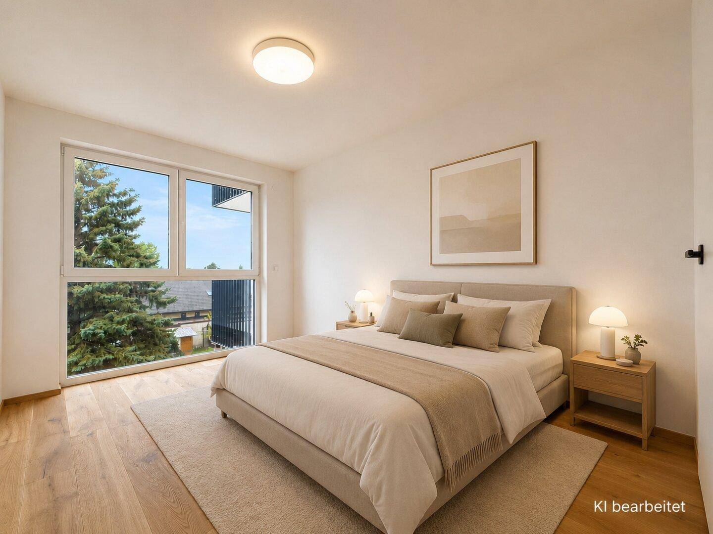 Helles Schlafzimmer mit Holzboden, großem Fenster und modernem Doppelbett, einladend gestaltet.