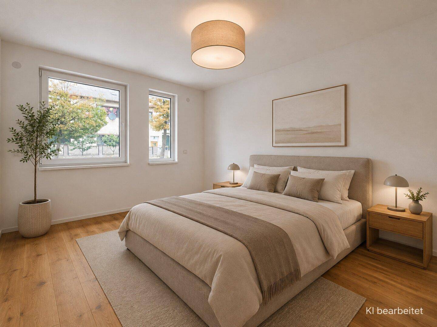 Gemütliches Schlafzimmer mit Holzboden, großem Bett und natürlichem Lichteinfall.