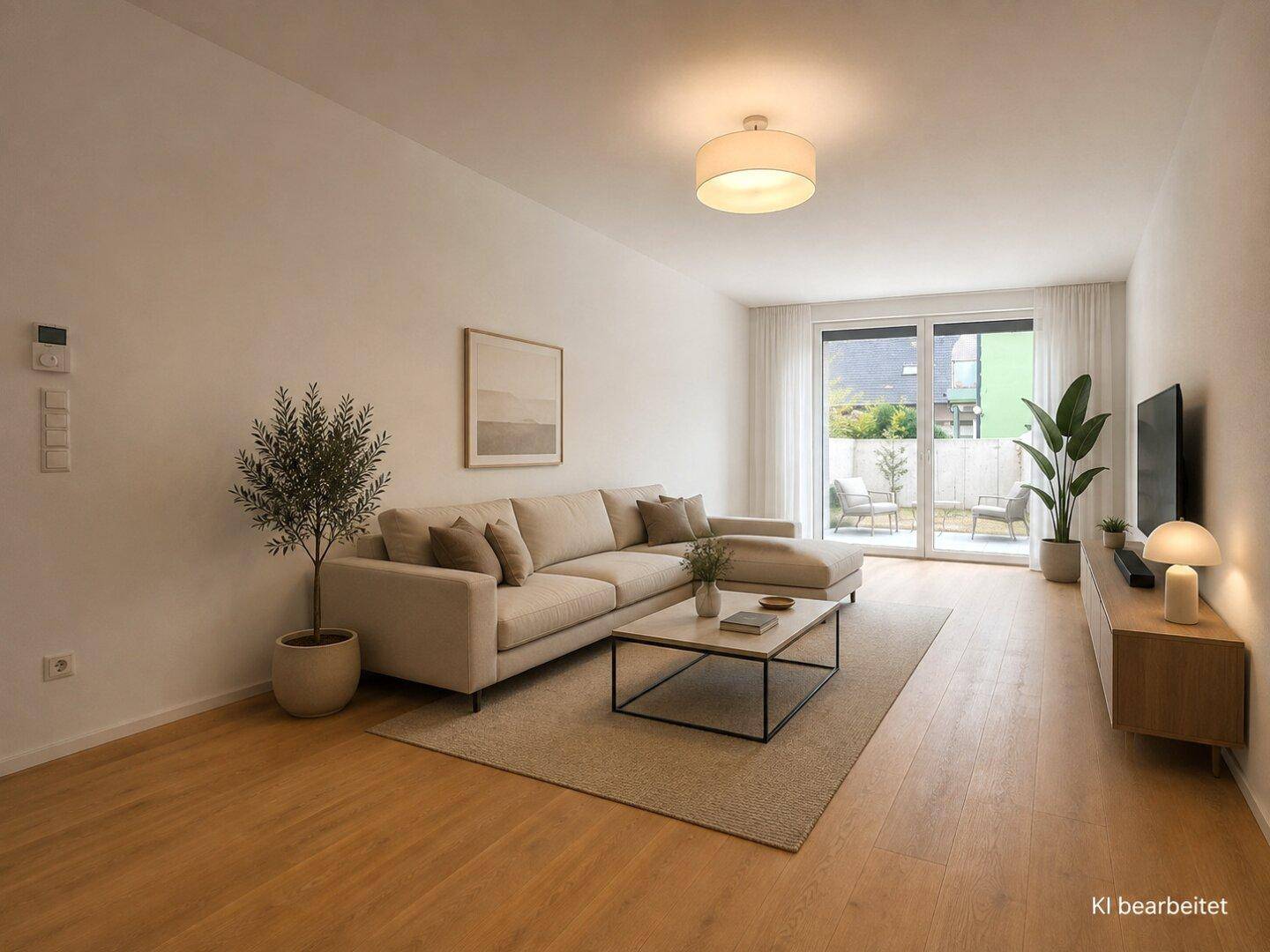 Modern eingerichtetes Wohnzimmer mit hellem Parkettboden und Zugang zur Terrasse.