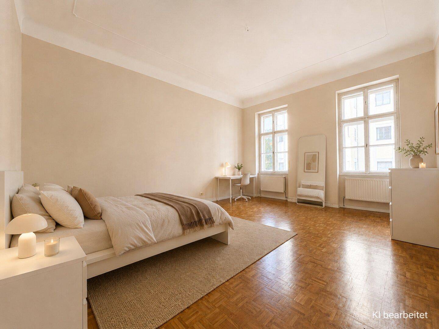 Helles Schlafzimmer mit Doppelbett, Schreibtisch und Parkettboden, durch große Fenster gut belichtet.