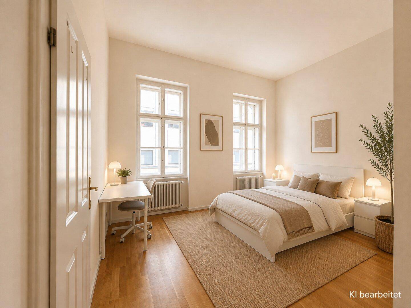 Gemütliches Schlafzimmer mit Doppelbett, Schreibtisch und Parkettboden, mit natürlichem Lichteinfall.
