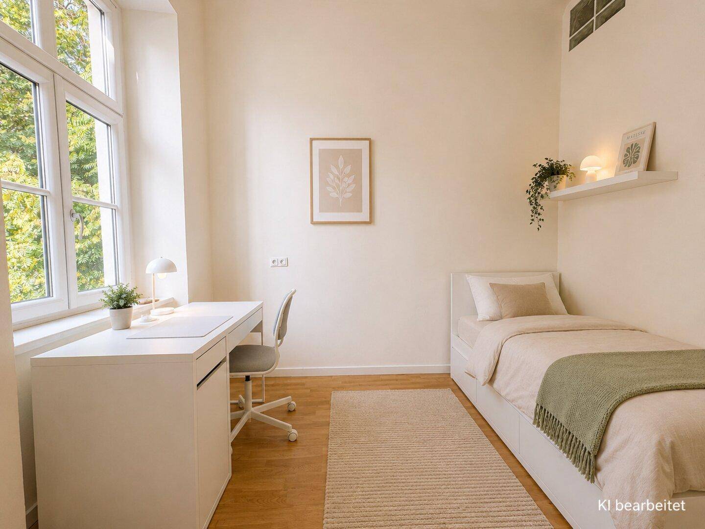 Helles Kinder- oder Gästezimmer mit Einzelbett, Schreibtisch und Parkettboden, freundlich eingerichtet.