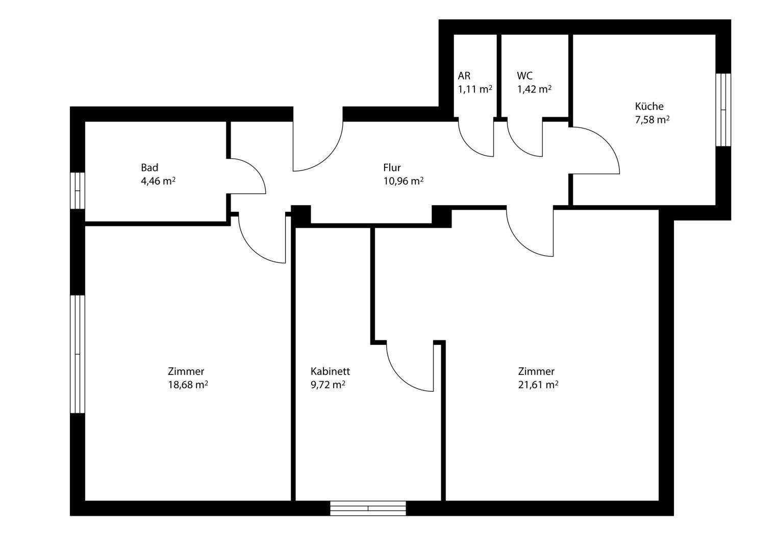 Grundriss einer Wohnung mit drei Zimmern, Bad, separatem WC, Küche und Flur, übersichtlich dargestellt.