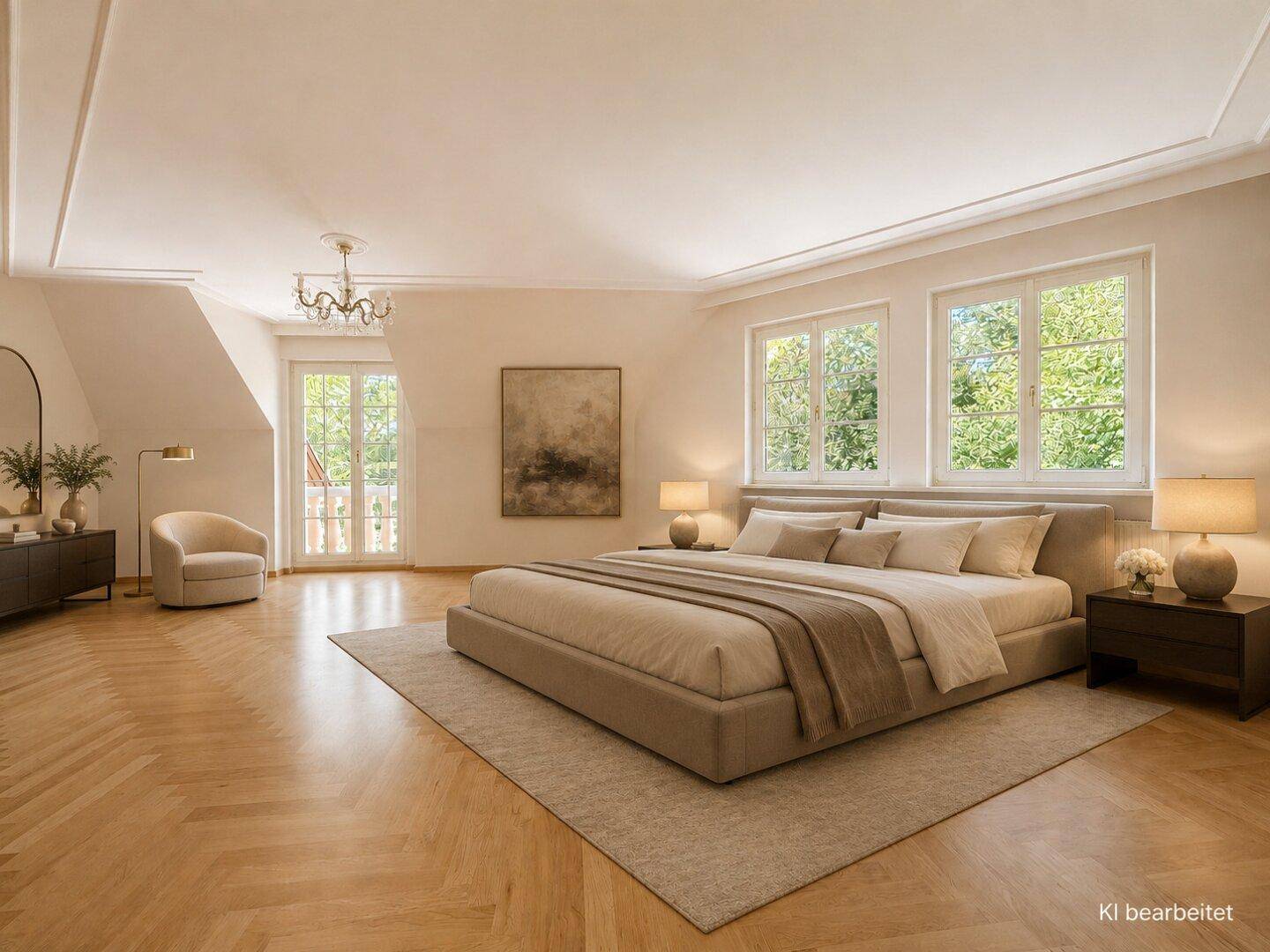 Modern inszeniertes Schlafzimmer mit Fischgrätparkett und Zugang zu einem französischen Balkon.