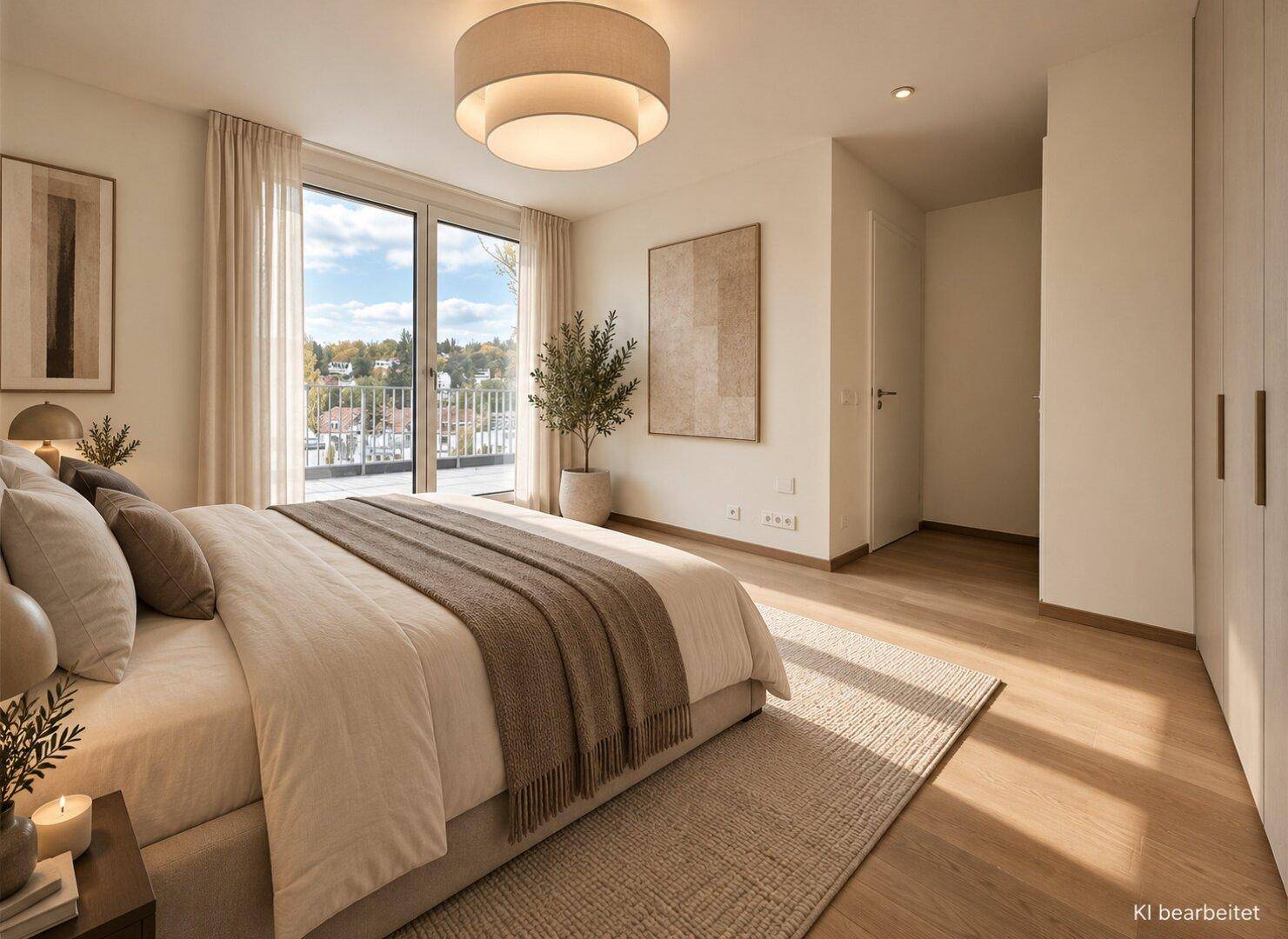 Modernes Schlafzimmer mit Doppelbett, Einbauschrank und Zugang zu einem Balkon mit Stadtblick.