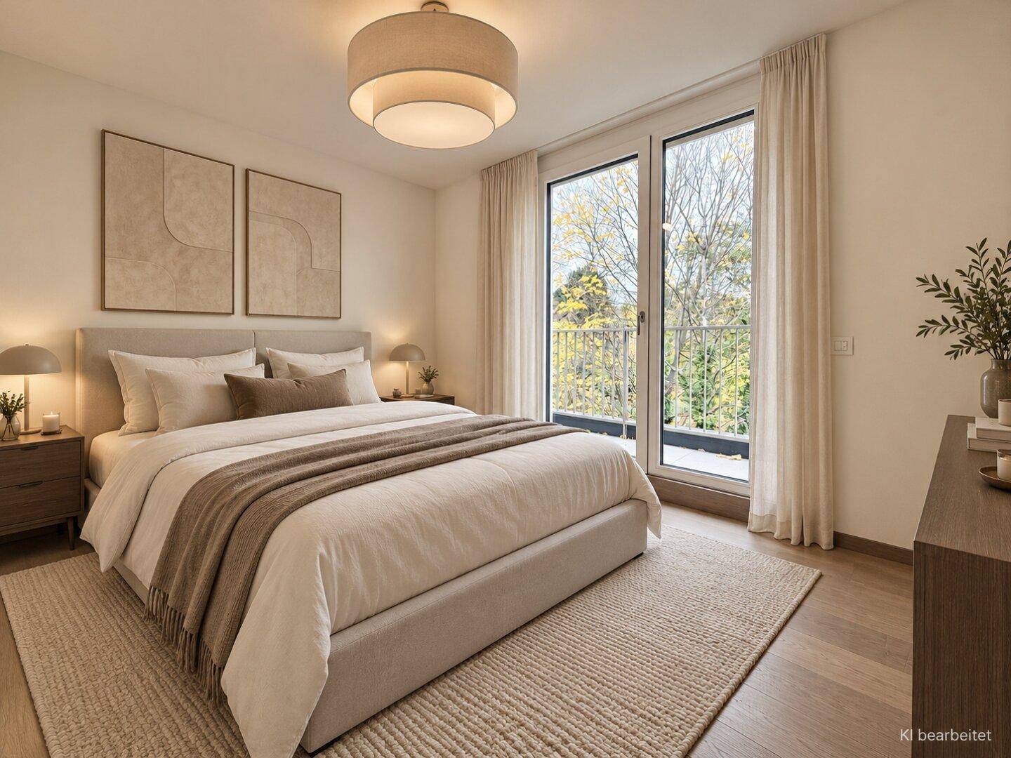Gemütliches Schlafzimmer mit Doppelbett, Holzboden und Zugang zu einem französischen Balkon mit Blick ins Grüne.