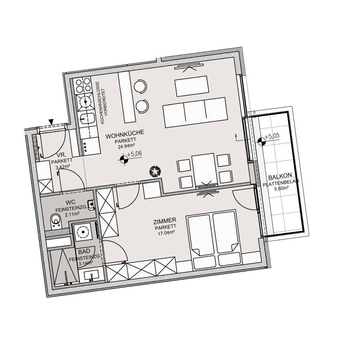 Detaillierter Grundriss einer Wohnung mit Wohnküche, Schlafzimmer, Bad und Balkon.