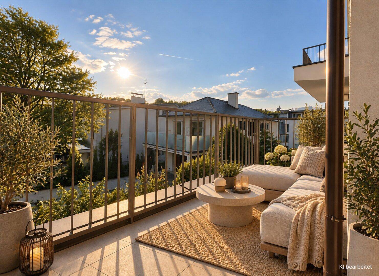 Sonniger Balkon mit bequemen Outdoor-Möbeln, Pflanzen und Blick auf die Umgebung.