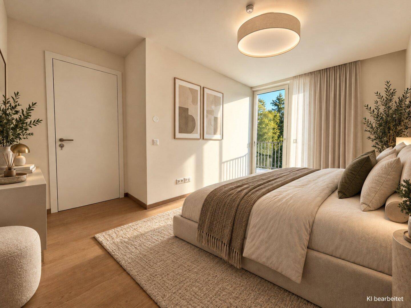 Gemütliches Schlafzimmer mit Doppelbett, Holzboden und direktem Zugang zum Balkon.