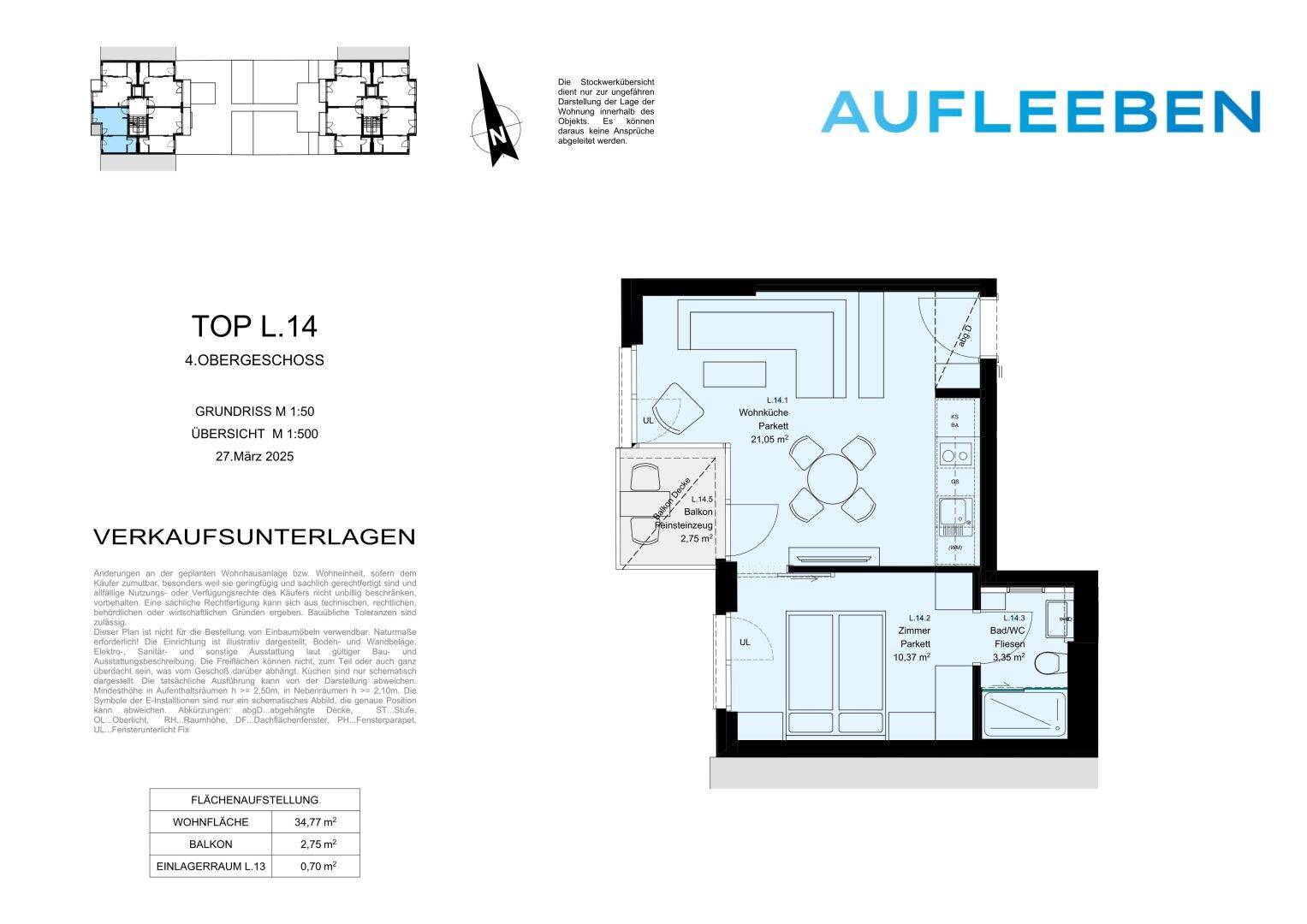 Grundriss einer Wohnung im 4. Obergeschoss mit Wohnbereich, Schlafzimmer und Balkon.