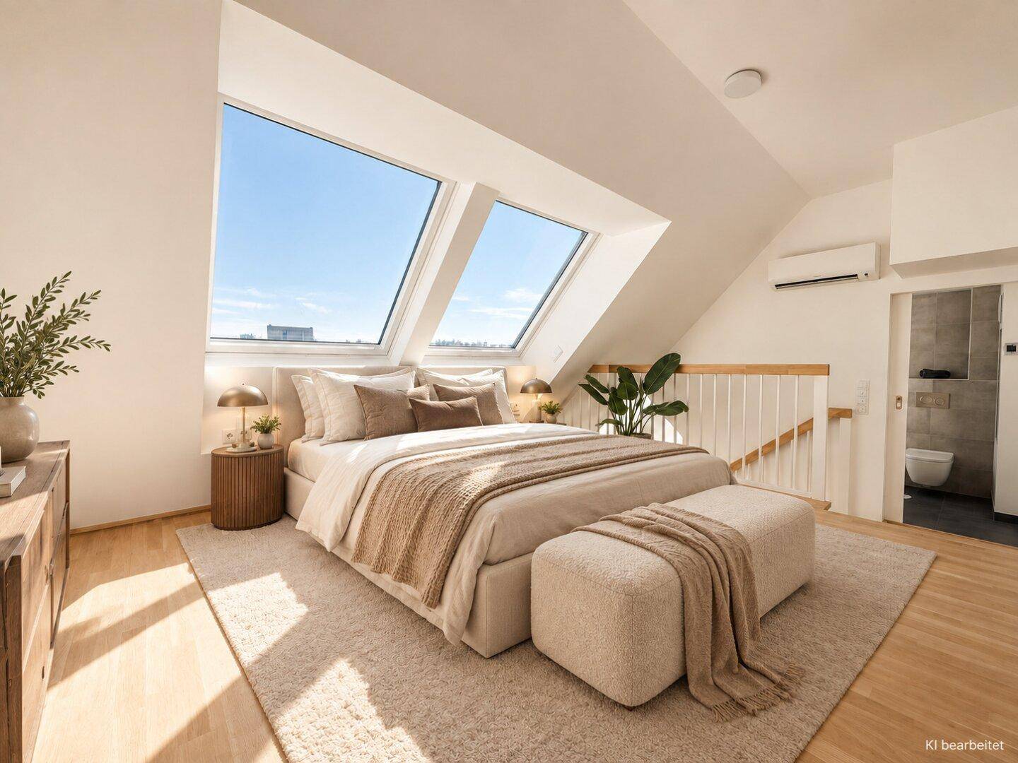 Lichtdurchflutetes Schlafzimmer im Dachgeschoss mit großen Dachfenstern und moderner Einrichtung.