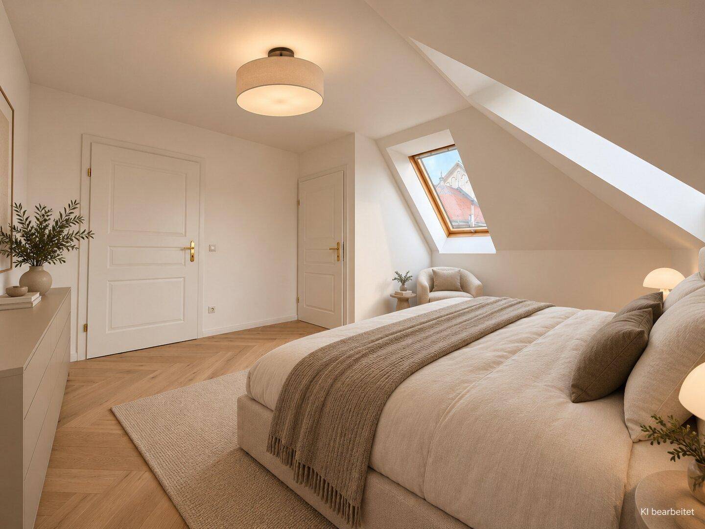 Gemütliches Schlafzimmer mit Fischgrätparkett, Dachschräge und einem Dachfenster.