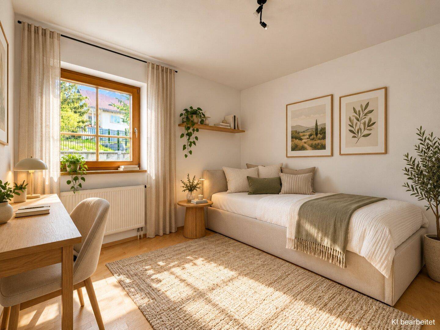 Gemütliches Schlafzimmer mit Einzelbett, Holzboden und Blick ins Grüne durch das Fenster.