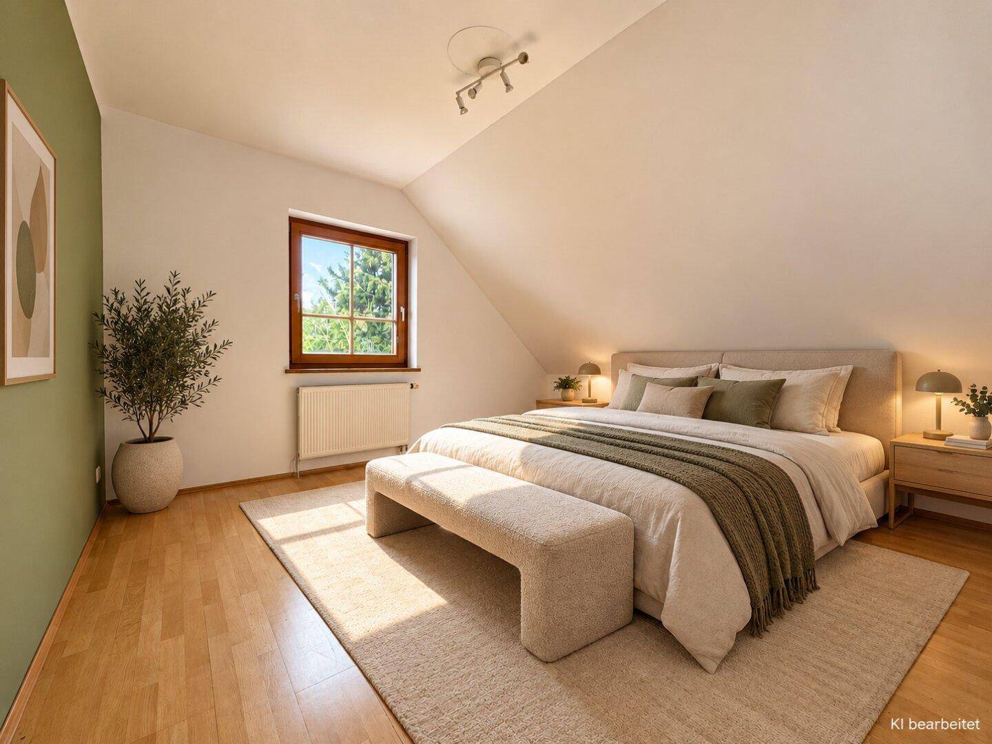 Modern eingerichtetes Schlafzimmer mit Doppelbett, Parkettboden und Dachschräge.