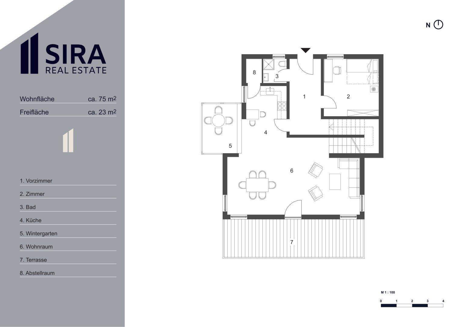 Grundriss des Erdgeschosses mit Wohnraum, Küche, Wintergarten und Terrasse.