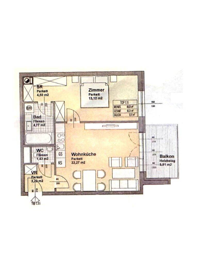 Detaillierter Grundriss einer Wohnung mit Wohnküche, Schlafzimmer und Balkon.