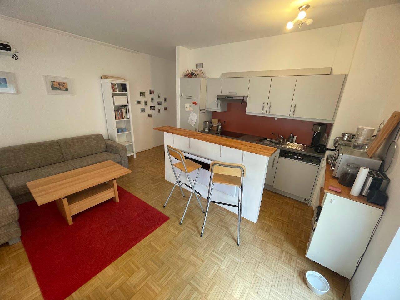 Kompakter Wohnbereich mit integrierter Küchenzeile, Sofa und Esstisch, praktisch und funktional.