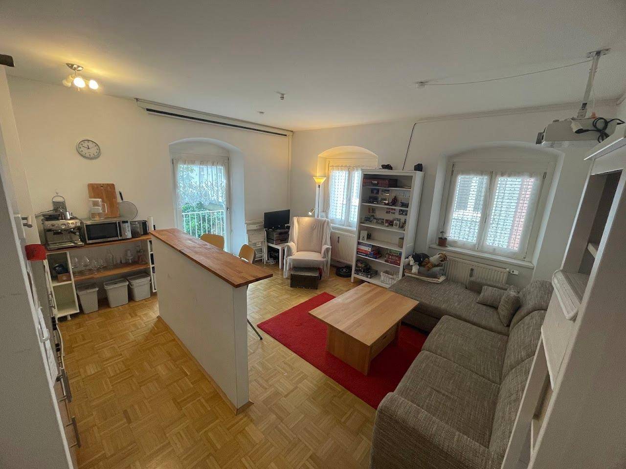 Offener Wohnbereich mit Sofa, Couchtisch und einer Theke, ideal für geselliges Beisammensein.