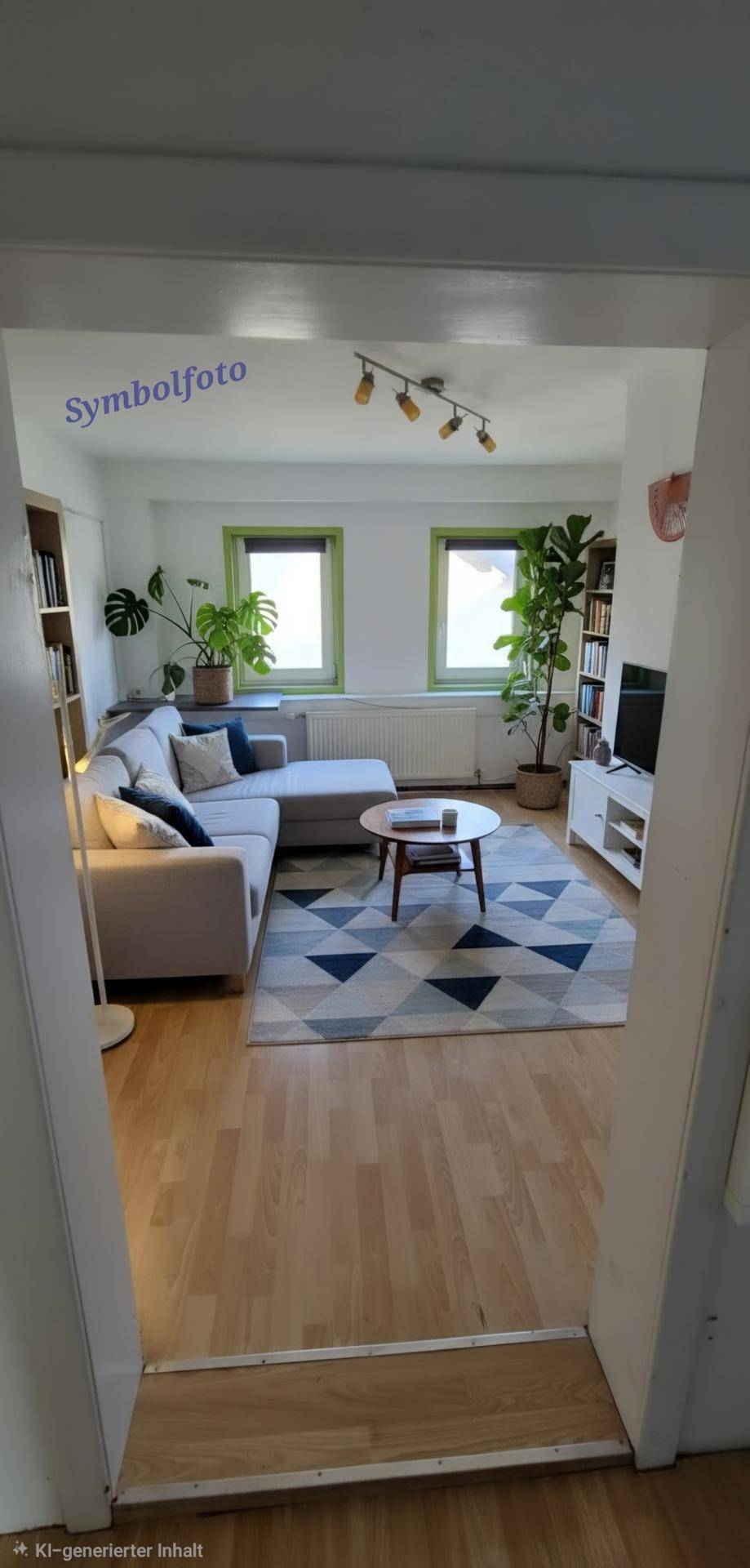 Modern eingerichtetes Wohnzimmer mit Sofa, Teppich und Pflanzen.