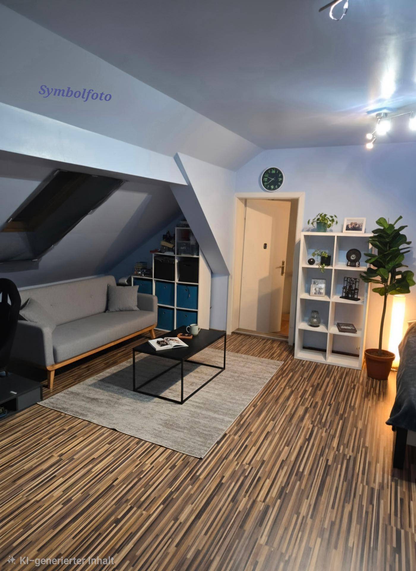 Gemütlicher Wohnbereich im Dachgeschoss mit Sofa, Regalen und Holzboden.