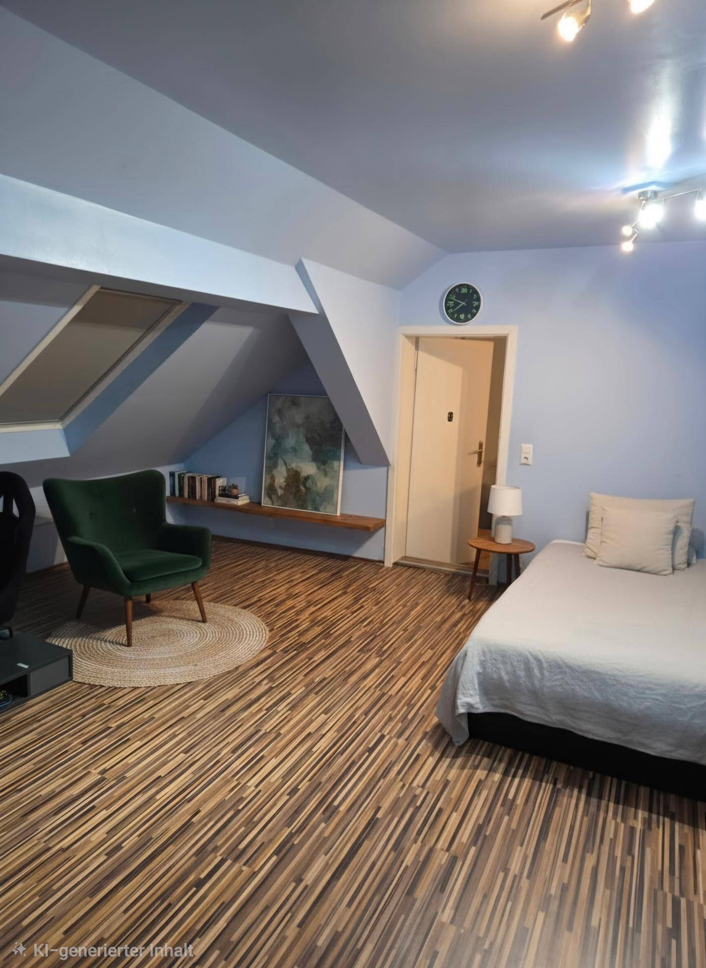 Schlafzimmer im Dachgeschoss mit Holzboden, Schrägen und gemütlicher Einrichtung.