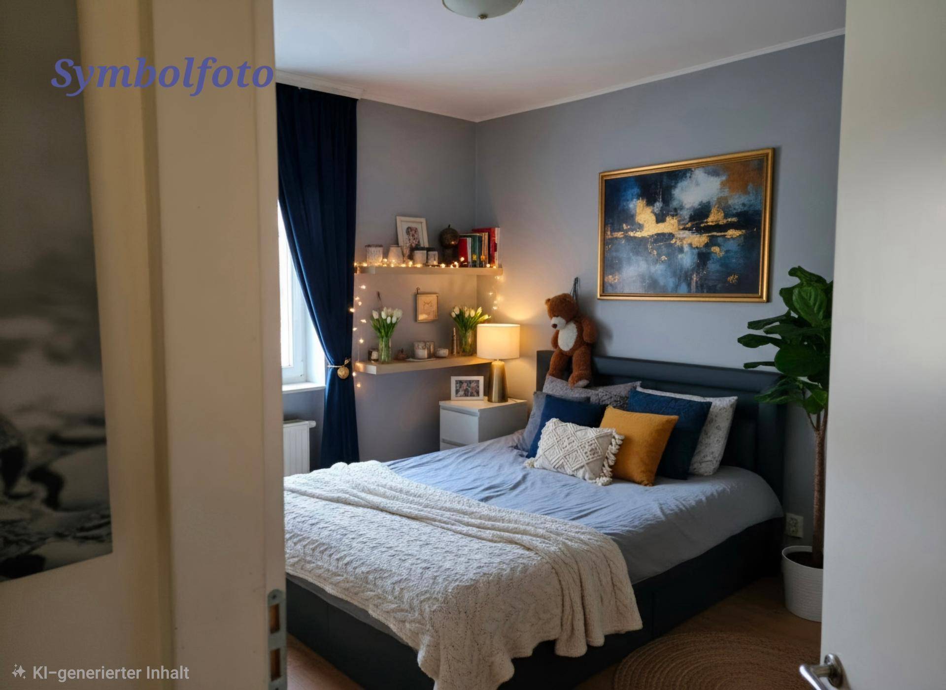 Gemütliches Schlafzimmer mit Doppelbett, blauen Vorhängen und dekorativen Elementen.