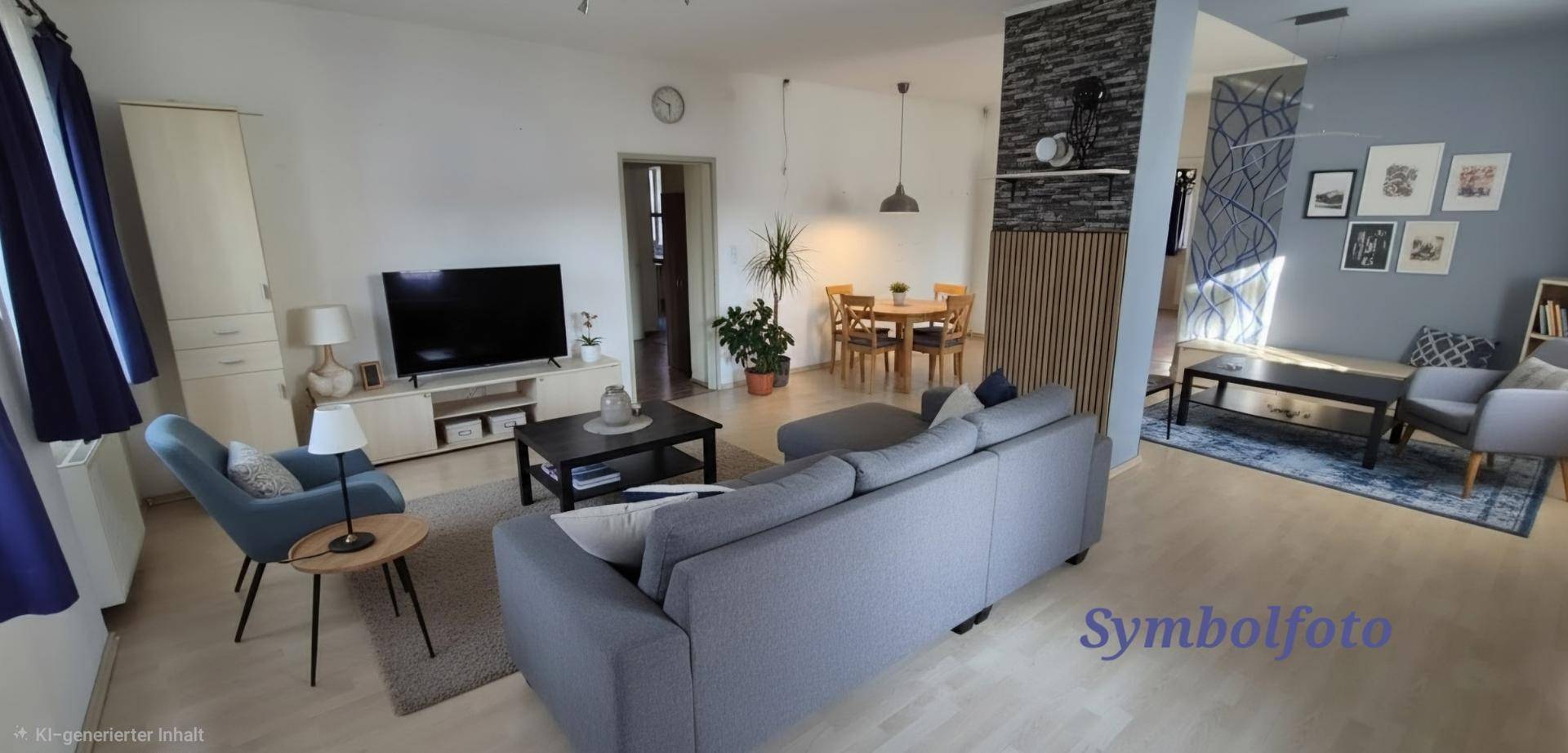 Modern eingerichtetes Wohnzimmer mit Sofa, Fernseher und Essbereich im Hintergrund.
