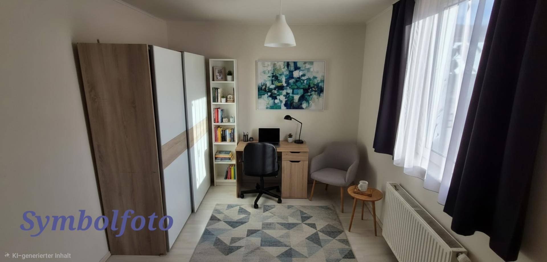 Helles Arbeitszimmer mit Schreibtisch, Kleiderschrank und Teppichboden.
