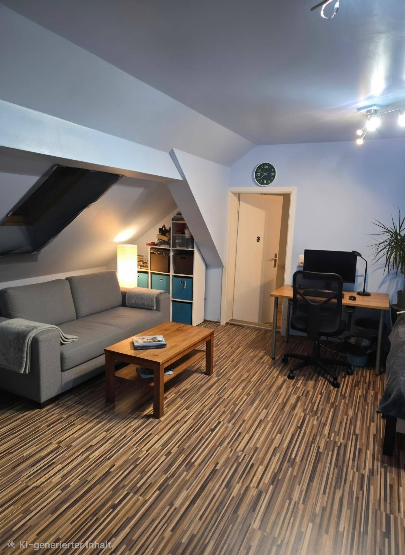 Gemütlicher Wohnbereich im Dachgeschoss mit Schrägen, Sofa und Holzboden.