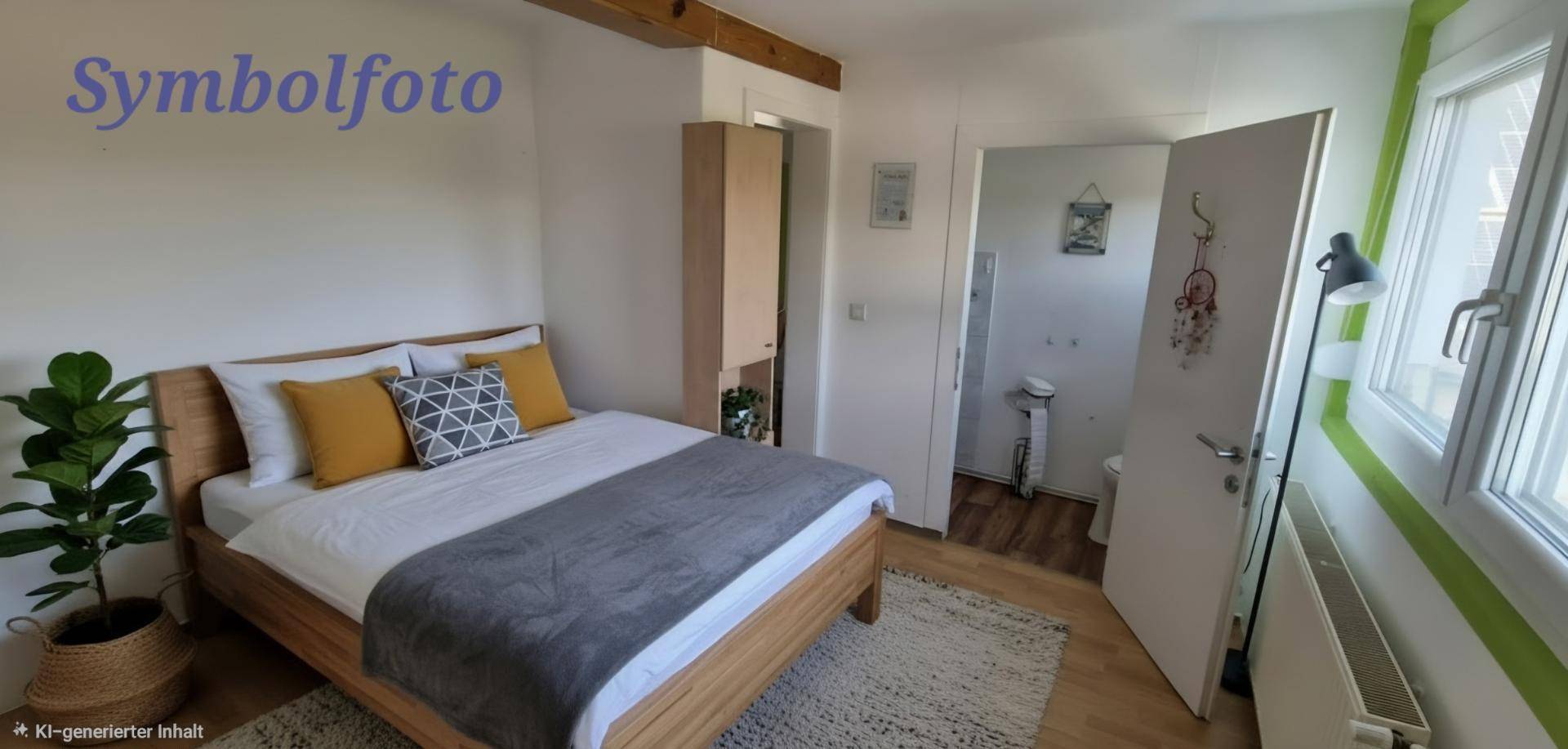 Gemütliches Schlafzimmer mit Holzbett, Teppich und Zugang zu einem angrenzenden Badezimmer.