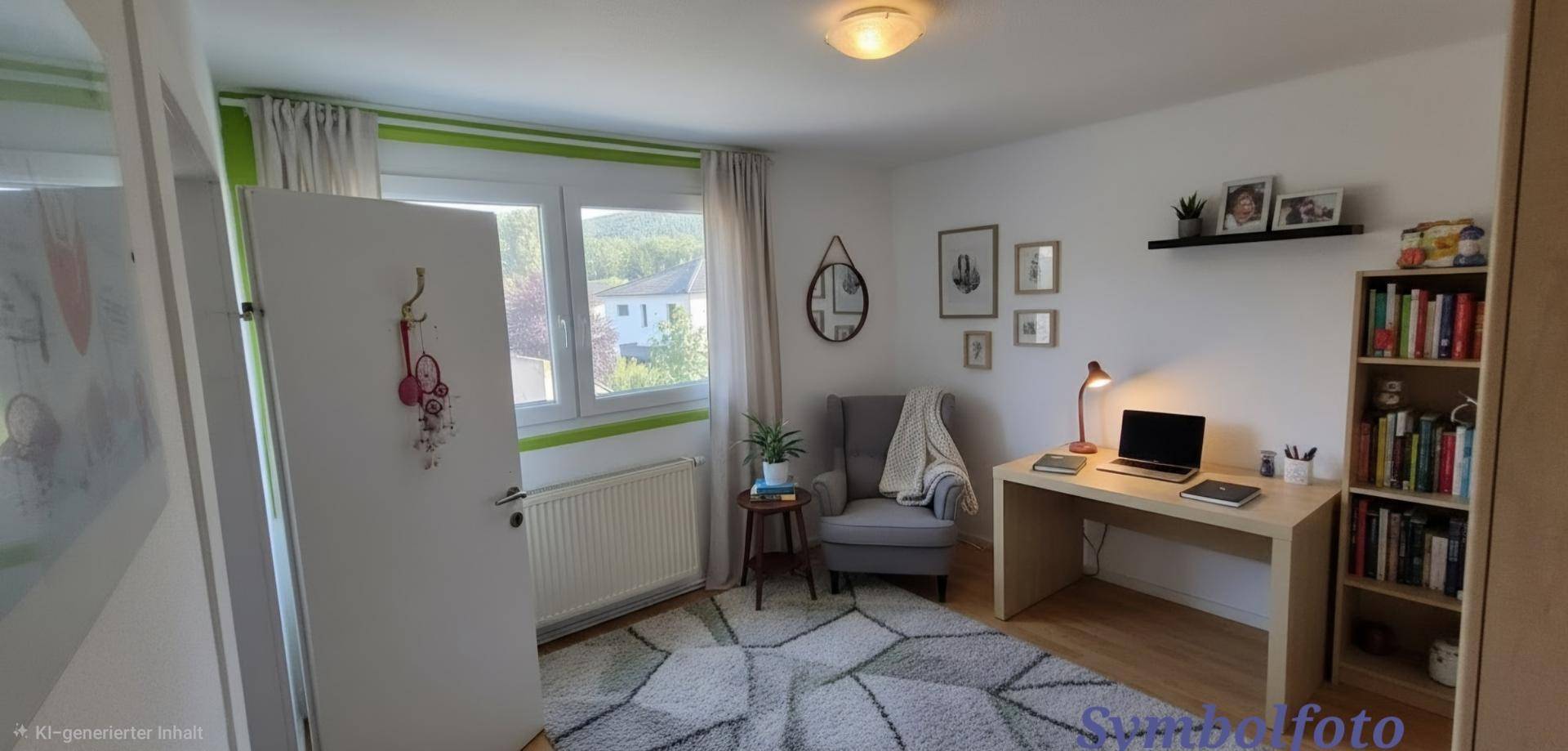 Helles Zimmer mit Schreibtisch, Sessel und Teppich, ideal als Schlaf- oder Arbeitszimmer nutzbar.