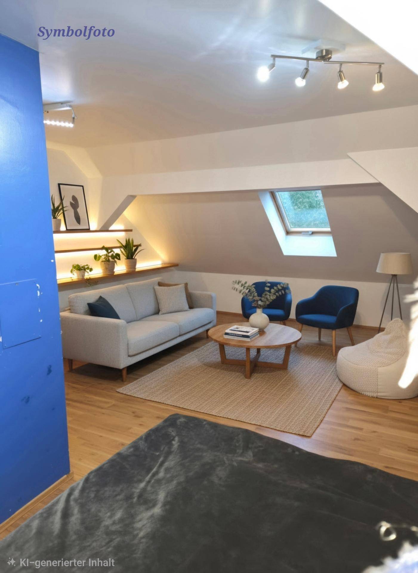Heller Wohnbereich im Dachgeschoss mit Sofa, Sesseln und Dachfenster.